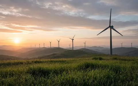 Moderne Windkraftanlagen auf einer weitläufigen grünen Wiese bei Sonnenaufgang. - Foto: über boerse-global.de