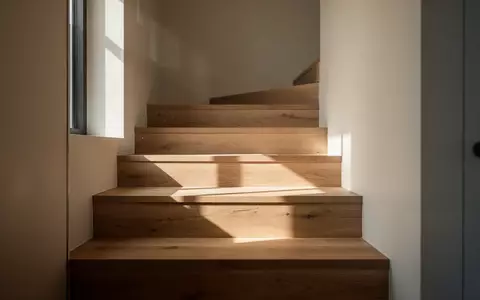 Eine minimalistische Holztreppe in einem hellen, modern eingerichteten Raum bei natürlichem Lichteinfall. - Foto: über boerse-global.de