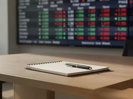 Ein moderner, minimalistischer Arbeitsplatz mit einem unscharfen Börsen-Ticker im Hintergrund. - Foto: über boerse-global.de