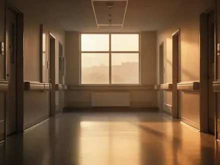 Ein leerer, sonnendurchfluteter Krankenhausflur mit weichem Licht und Schattenwurf. - Foto: ĂĽber boerse-global.de