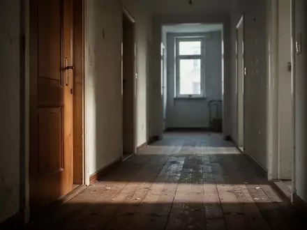Ein leerer, schattiger Flur in einem Berliner Wohnhaus mit Holzdielen und einer geschlossenen Tür. - Foto: über boerse-global.de