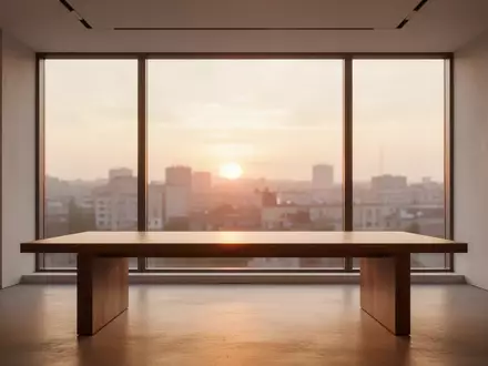 Ein minimalistisches, modernes Kreativstudio mit einem leeren Schreibtisch vor einem Fenster im warmen Licht des Sonnenuntergangs. - Foto: über boerse-global.de