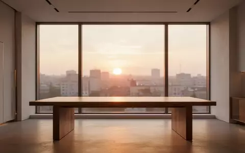 Ein minimalistisches, modernes Kreativstudio mit einem leeren Schreibtisch vor einem Fenster im warmen Licht des Sonnenuntergangs. - Foto: über boerse-global.de