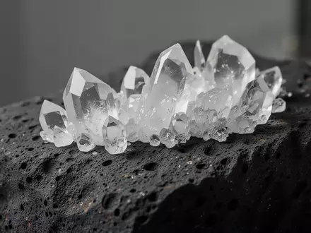 Nahaufnahme von kristallinen Mineralstrukturen auf einer dunklen, texturierten Gesteinsoberfläche bei natürlichem Licht. - Foto: über boerse-global.de