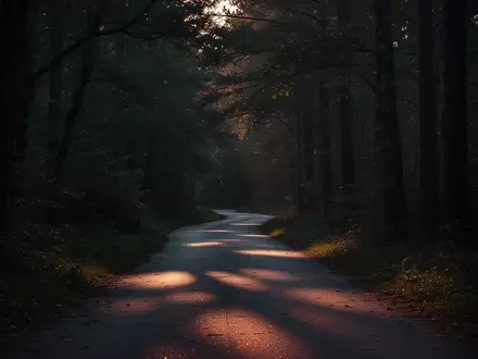 Ein einsamer, schattiger Waldweg in der Dämmerung, der eine bedrückende und spannungsgeladene Atmosphäre vermittelt. - Foto: über boerse-global.de