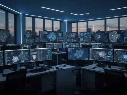 Ein moderner, dunkel gehaltener Kontrollraum mit komplexen Datenvisualisierungen auf Bildschirmen zur Cyberkriminalitätsbekämpfung. - Foto: über boerse-global.de