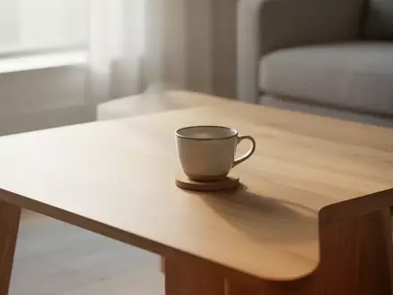 Ein minimalistischer Holztisch in einem hellen, aufgeräumten Wohnzimmer mit einer Keramiktasse bei natürlichem Licht. - Foto: über boerse-global.de