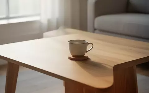 Ein minimalistischer Holztisch in einem hellen, aufgeräumten Wohnzimmer mit einer Keramiktasse bei natürlichem Licht. - Foto: über boerse-global.de