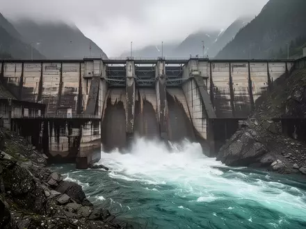 Eine massive, wettergegerbte Staumauer in einer stürmischen Flusslandschaft als Symbol für Widerstandskraft und Stabilität. - Foto: über boerse-global.de