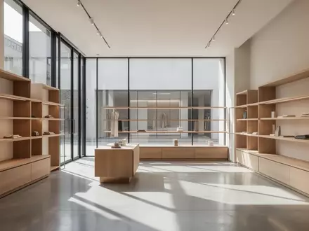 Ein minimalistisch gestalteter Verkaufsraum mit klaren Linien, Holzregalen und hellem Tageslicht. - Foto: über boerse-global.de