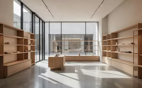 Ein minimalistisch gestalteter Verkaufsraum mit klaren Linien, Holzregalen und hellem Tageslicht. - Foto: über boerse-global.de