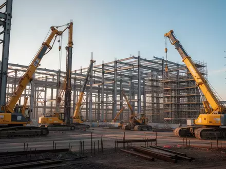 Großbaustelle mit Stahlkonstruktionen und Baumaschinen für ein industrielles Großprojekt. - Foto: über boerse-global.de