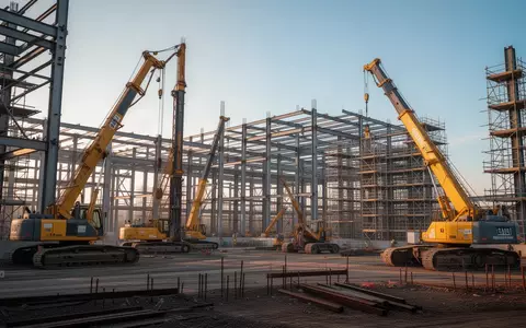 Großbaustelle mit Stahlkonstruktionen und Baumaschinen für ein industrielles Großprojekt. - Foto: über boerse-global.de