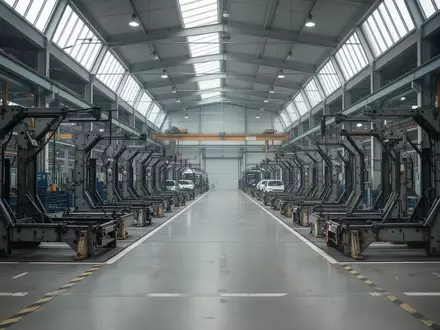 Eine leere, weitläufige Fabrikhalle einer deutschen Automobilfertigung mit metallischen Montagevorrichtungen bei natürlichem Licht. - Foto: über boerse-global.de
