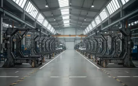 Eine leere, weitläufige Fabrikhalle einer deutschen Automobilfertigung mit metallischen Montagevorrichtungen bei natürlichem Licht. - Foto: über boerse-global.de
