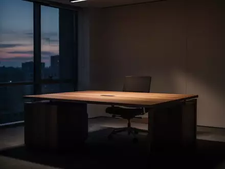 Ein minimalistischer, leerer Schreibtisch in einem schwach beleuchteten Büro bei Dämmerung. - Foto: über boerse-global.de