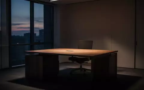 Ein minimalistischer, leerer Schreibtisch in einem schwach beleuchteten Büro bei Dämmerung. - Foto: über boerse-global.de