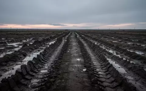 Ein rauer, schlammiger Feldweg mit tiefen Reifenspuren in einer weiten, unbewohnten Landschaft bei Dämmerlicht. - Foto: über boerse-global.de