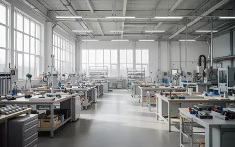 Heller, moderner Arbeitsbereich in einer Werkstatt mit organisierten Arbeitsplätzen und natürlichem Tageslicht. - Foto: über boerse-global.de