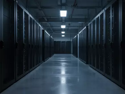 Ein dunkler, minimalistischer Serverraum mit glänzendem Betonboden und schlichten, unbeleuchteten Serverschränken in kühlem blauen Licht. - Foto: über boerse-global.de