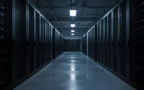 Ein dunkler, minimalistischer Serverraum mit glänzendem Betonboden und schlichten, unbeleuchteten Serverschränken in kühlem blauen Licht. - Foto: über boerse-global.de