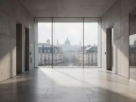 Leerer, minimalistischer Flur in einem modernen Regierungsgebäude mit Blick auf eine europäische Stadtlandschaft. - Foto: über boerse-global.de
