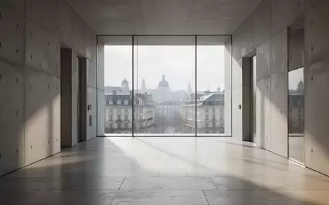 Leerer, minimalistischer Flur in einem modernen Regierungsgebäude mit Blick auf eine europäische Stadtlandschaft. - Foto: über boerse-global.de