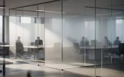 Moderne, halbtransparente Glaswand in einem hellen Bürogebäude mit abstraktem Lichteinfall und Tiefenunschärfe. - Foto: über boerse-global.de