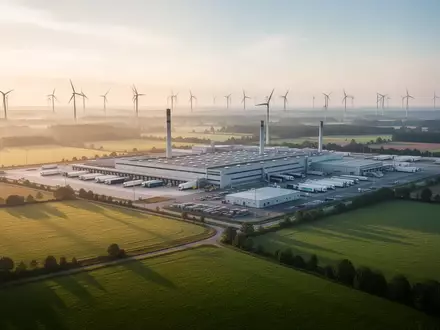 Weite Ansicht einer modernen deutschen Industrielandschaft mit Logistikzentren, Produktionsanlagen und Windrädern bei Sonnenaufgang. - Foto: über boerse-global.de