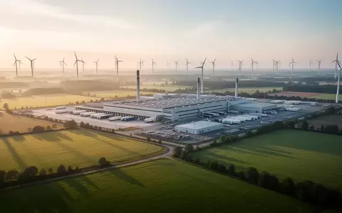 Weite Ansicht einer modernen deutschen Industrielandschaft mit Logistikzentren, Produktionsanlagen und Windrädern bei Sonnenaufgang. - Foto: über boerse-global.de