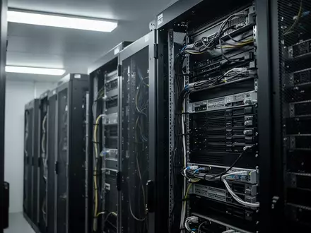 Ein minimalistischer Serverraum mit geordneten, dunklen Metallschränken und strukturierter Verkabelung in kühlem Licht. - Foto: über boerse-global.de