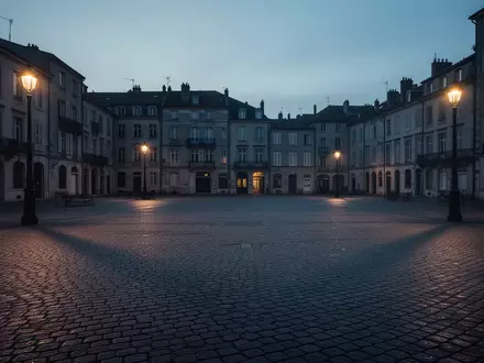 Ein verlassener, menschenleerer öffentlicher Platz in der Dämmerung mit Kopfsteinpflaster und atmosphärischer Beleuchtung. - Foto: über boerse-global.de