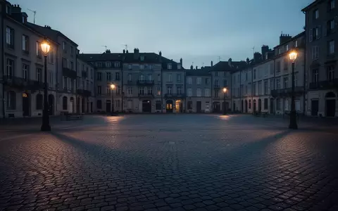 Ein verlassener, menschenleerer öffentlicher Platz in der Dämmerung mit Kopfsteinpflaster und atmosphärischer Beleuchtung. - Foto: über boerse-global.de