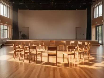 Ein leerer, sonnendurchfluteter Übungsraum in einem Jugendzentrum mit einem Kreis aus Stühlen auf einem Holzboden. - Foto: über boerse-global.de
