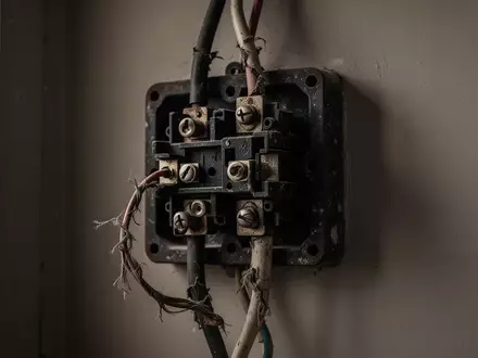 Nahaufnahme von verschlissenen, elektrischen Leitungen und einer veralteten Abzweigdose an einer schlichten Wand. - Foto: über boerse-global.de