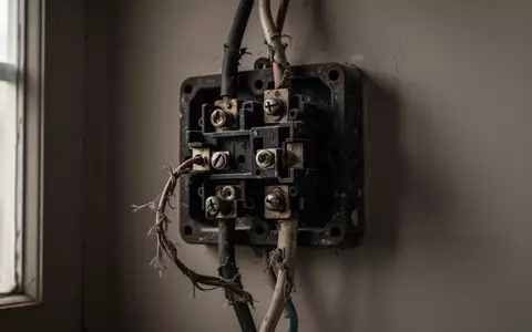 Nahaufnahme von verschlissenen, elektrischen Leitungen und einer veralteten Abzweigdose an einer schlichten Wand. - Foto: über boerse-global.de