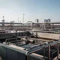 Moderne Kläranlage mit großen Sedimentationsbecken und industriellen Rohrleitungen unter freiem Himmel. - Foto: über boerse-global.de
