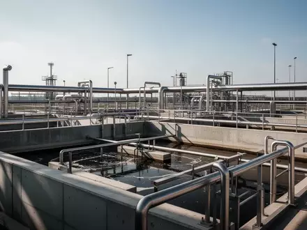 Moderne Kläranlage mit großen Sedimentationsbecken und industriellen Rohrleitungen unter freiem Himmel. - Foto: über boerse-global.de