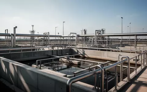 Moderne Kläranlage mit großen Sedimentationsbecken und industriellen Rohrleitungen unter freiem Himmel. - Foto: über boerse-global.de