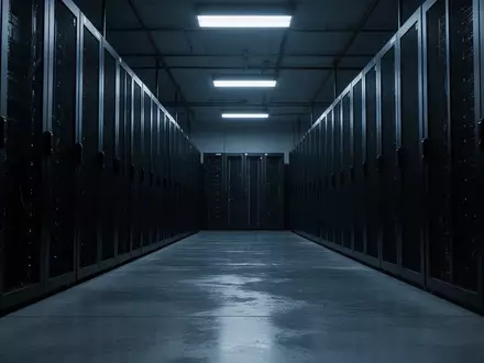 Dunkler, minimalistischer Serverraum mit symmetrischen Server-Racks in einer kühlen, industriellen Umgebung. - Foto: über boerse-global.de