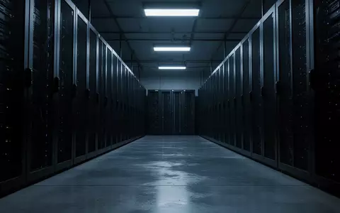 Dunkler, minimalistischer Serverraum mit symmetrischen Server-Racks in einer kühlen, industriellen Umgebung. - Foto: über boerse-global.de