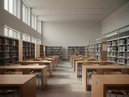 Innenansicht einer ruhigen, menschenleeren Forschungsbibliothek mit Bücherregalen und Holztischen in natürlichem Licht. - Foto: über boerse-global.de