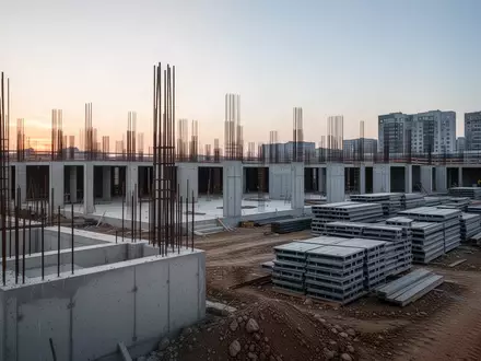 Eine Baustelle mit Betonfundamenten und Stahlarmierungen bei Dämmerung, die den aktuellen Stillstand bei Wohnbauprojekten symbolisiert. - Foto: über boerse-global.de