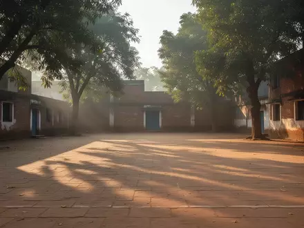 Ein leerer Schulhof in Indien bei Tageslicht mit langen Schatten auf dem Boden und umliegenden Gebäuden. - Foto: über boerse-global.de