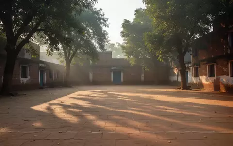 Ein leerer Schulhof in Indien bei Tageslicht mit langen Schatten auf dem Boden und umliegenden Gebäuden. - Foto: über boerse-global.de