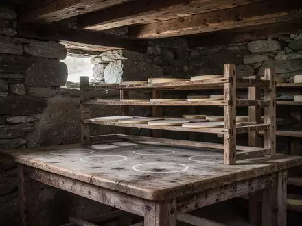 Ein alter Holzkeller mit leeren Käseregalen und rauen Steinwänden, der die traditionelle Umgebung der Käselagerung zeigt. - Foto: über boerse-global.de