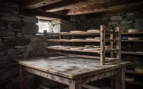 Ein alter Holzkeller mit leeren Käseregalen und rauen Steinwänden, der die traditionelle Umgebung der Käselagerung zeigt. - Foto: über boerse-global.de