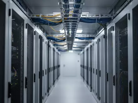 Ein moderner, minimalistischer Serverraum mit Industrieregalen und Kabeltrassen in kühlem Licht. - Foto: über boerse-global.de