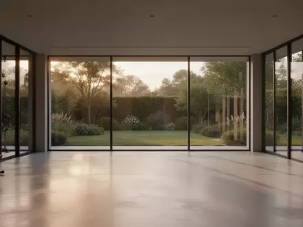 Ein minimalistischer, leerer Fitnessraum mit Betonboden und großen Fensterfronten, die den Blick auf einen Garten freigeben. - Foto: über boerse-global.de