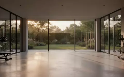 Ein minimalistischer, leerer Fitnessraum mit Betonboden und großen Fensterfronten, die den Blick auf einen Garten freigeben. - Foto: über boerse-global.de